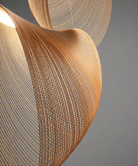 Détail des lamelles de hêtre cintrées et des jours entre les lames, lumière filtrée