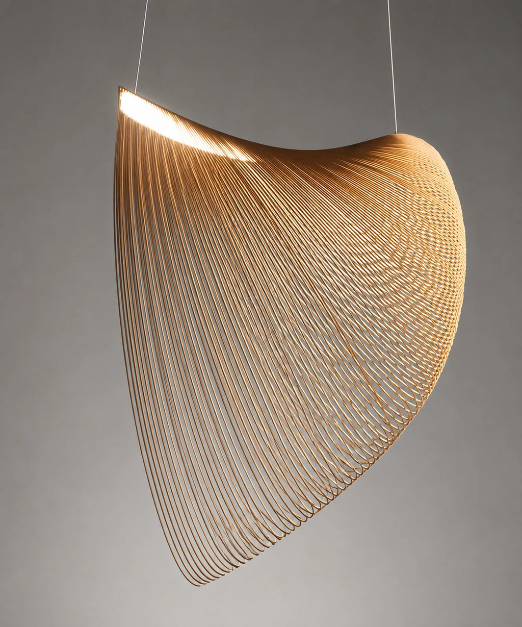 Suspension luminaire bois cintré, coque de lamelles de hêtre ouverte vers le haut, sur fond gris