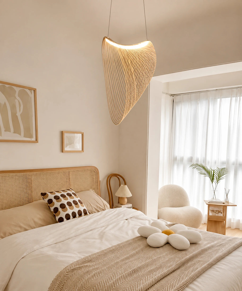 Suspension luminaire bois cintré au-dessus d’un lit en cannage, dans une chambre claire