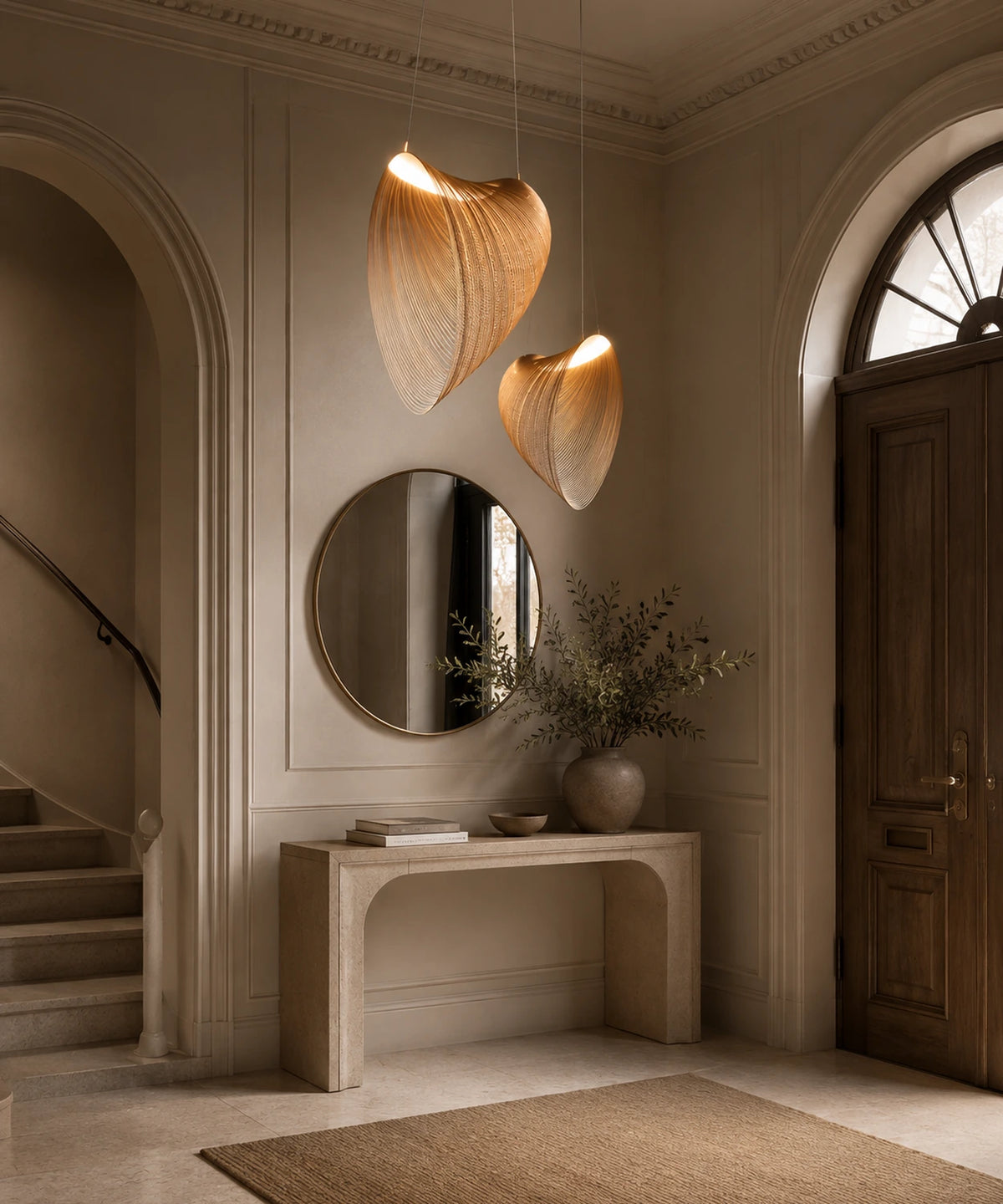 Suspensions luminaire bois cintré en coque au-dessus d’une console, escalier et miroir rond