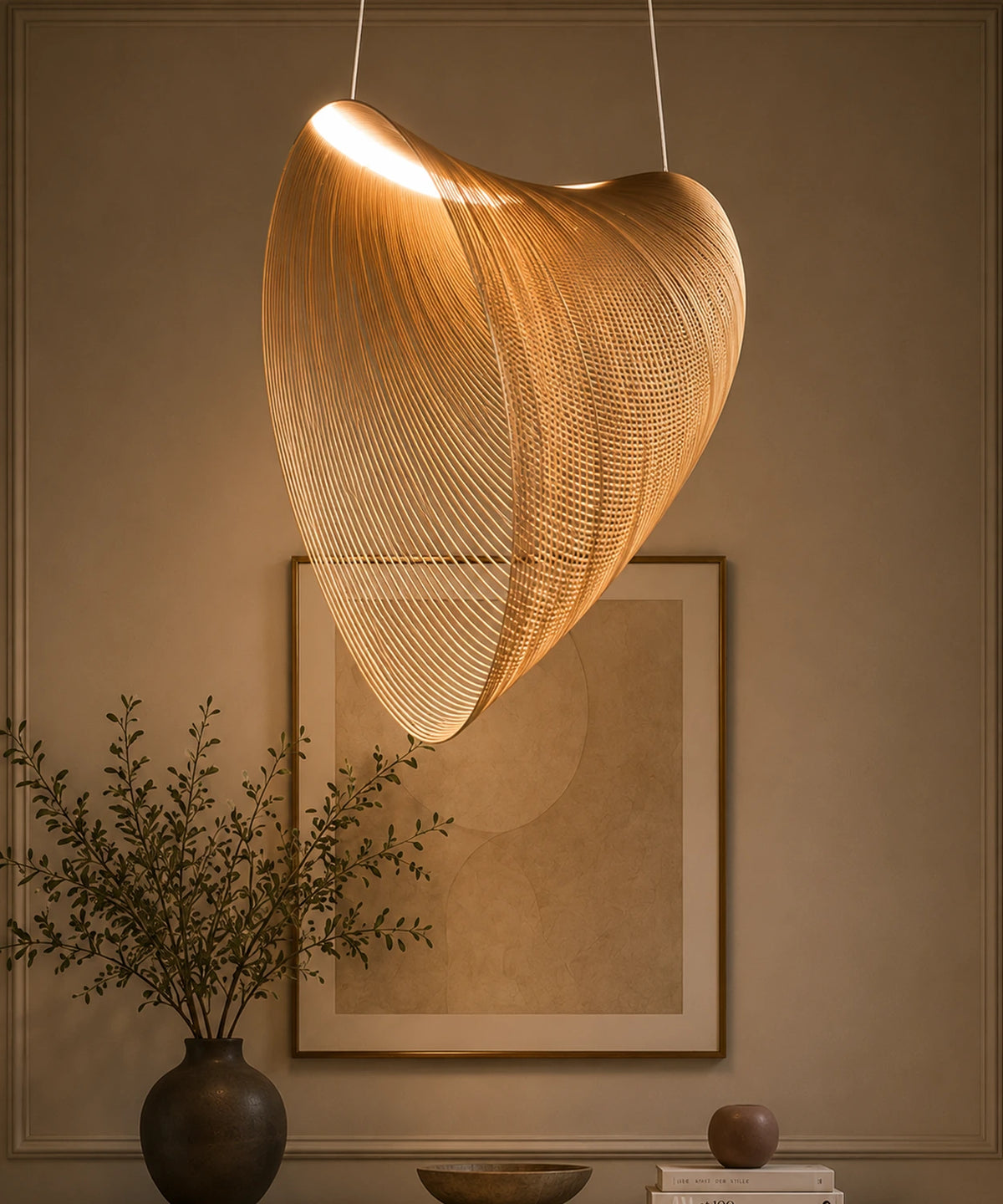 Suspension luminaire bois cintré en coque de hêtre, allumée au-dessus d’une console d’entrée