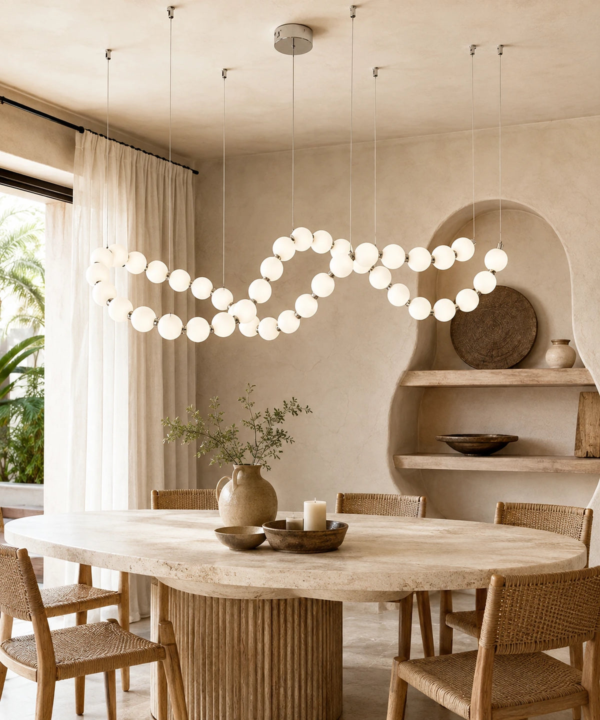 Suspension luminaire boules à connecteurs argentés au-dessus d’une table entourée de chaises en cannage