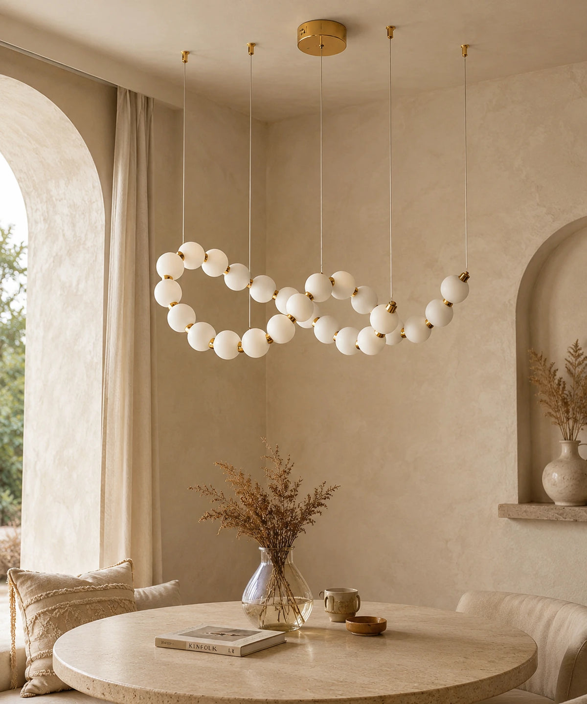 Suspension luminaire boules à connecteurs dorés, guirlande ondulée au-dessus d’une table ronde