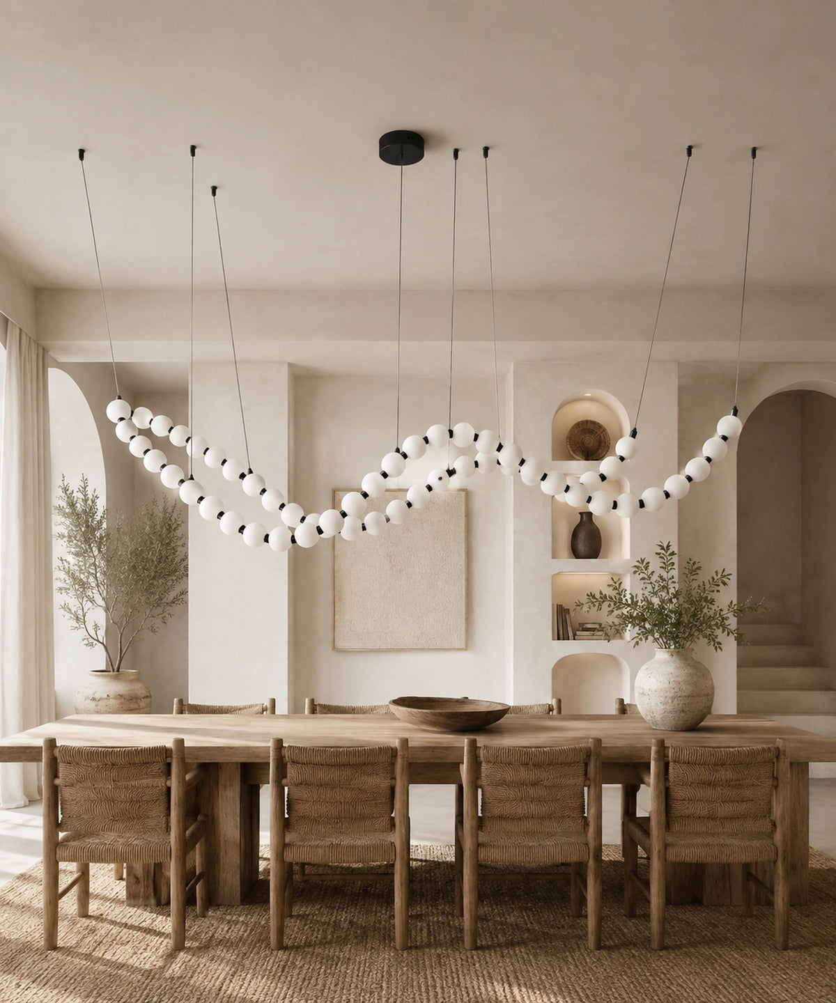 Suspension à boules opalines à connecteurs noirs, ondulant au-dessus d’une longue table