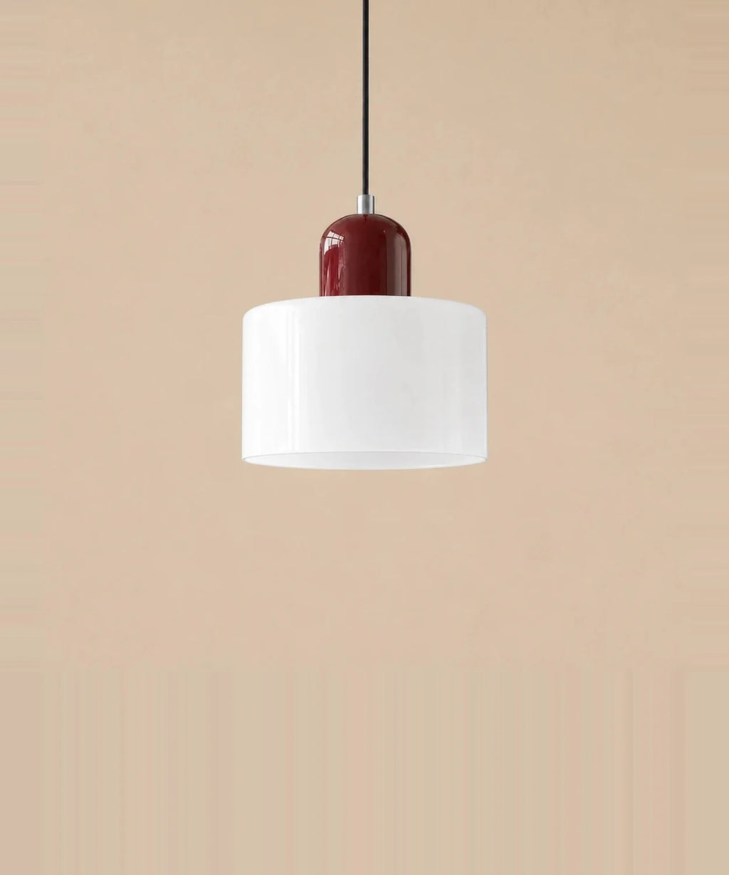 Suspension cylindre en verre blanc opalin et culot bordeaux laqué