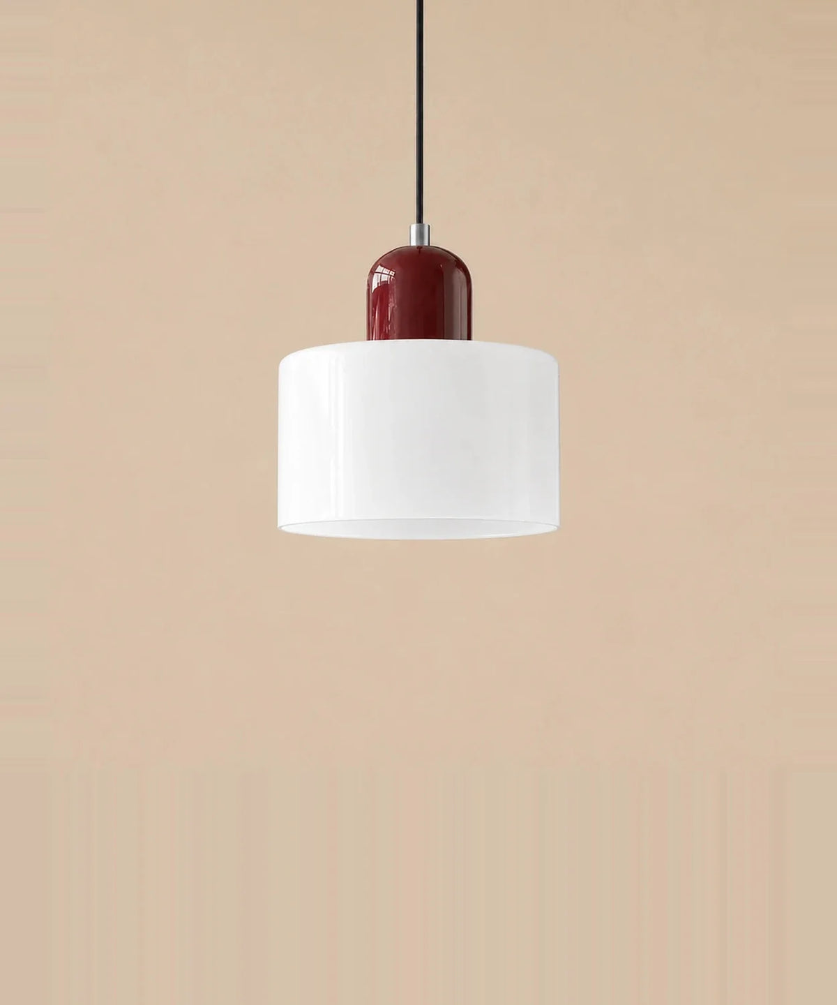 Suspension cylindre en verre blanc opalin et culot bordeaux laqué