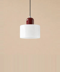 Suspension cylindre en verre blanc opalin et culot bordeaux laqué