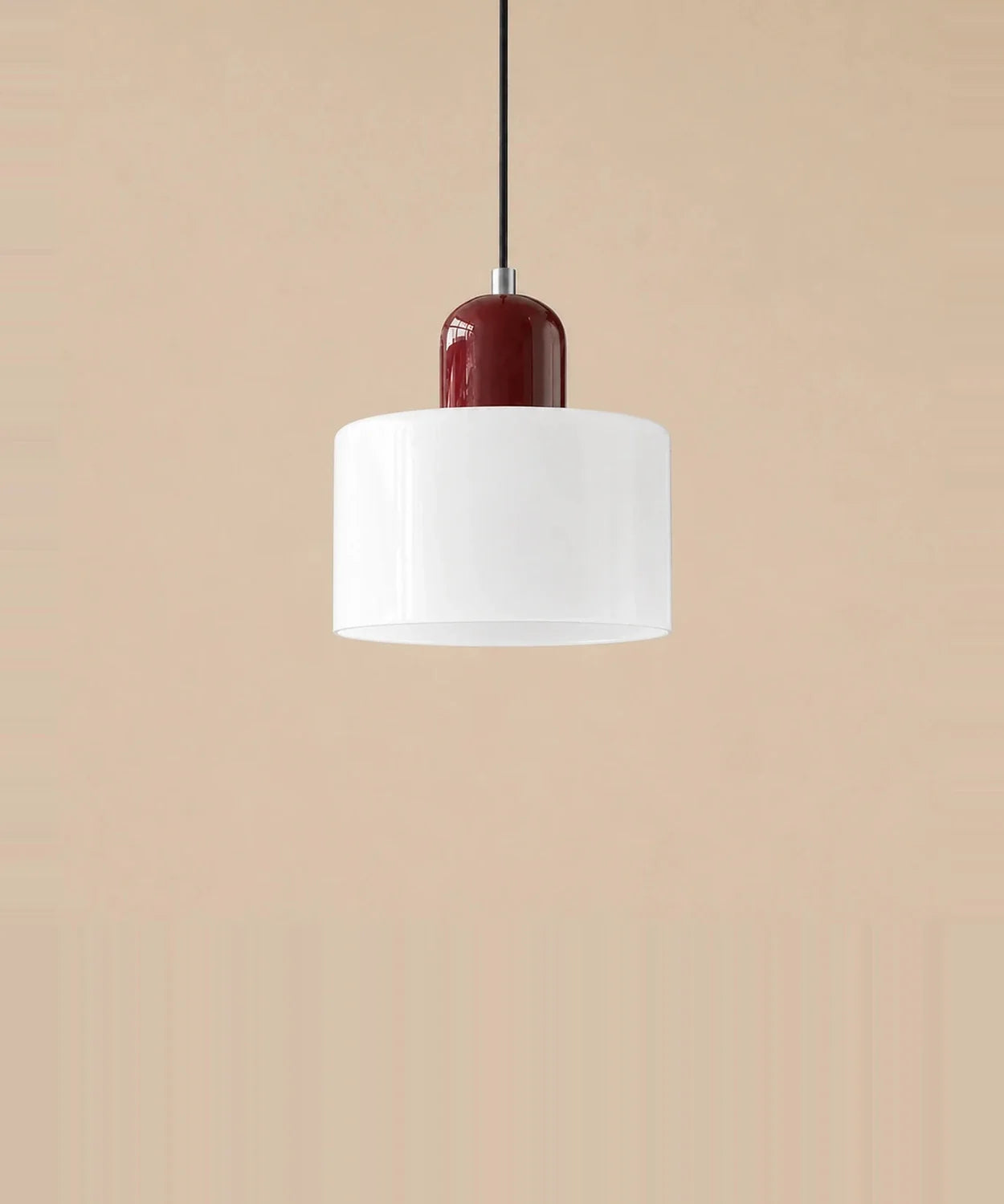 Suspension cylindre en verre blanc opalin et culot bordeaux laqué