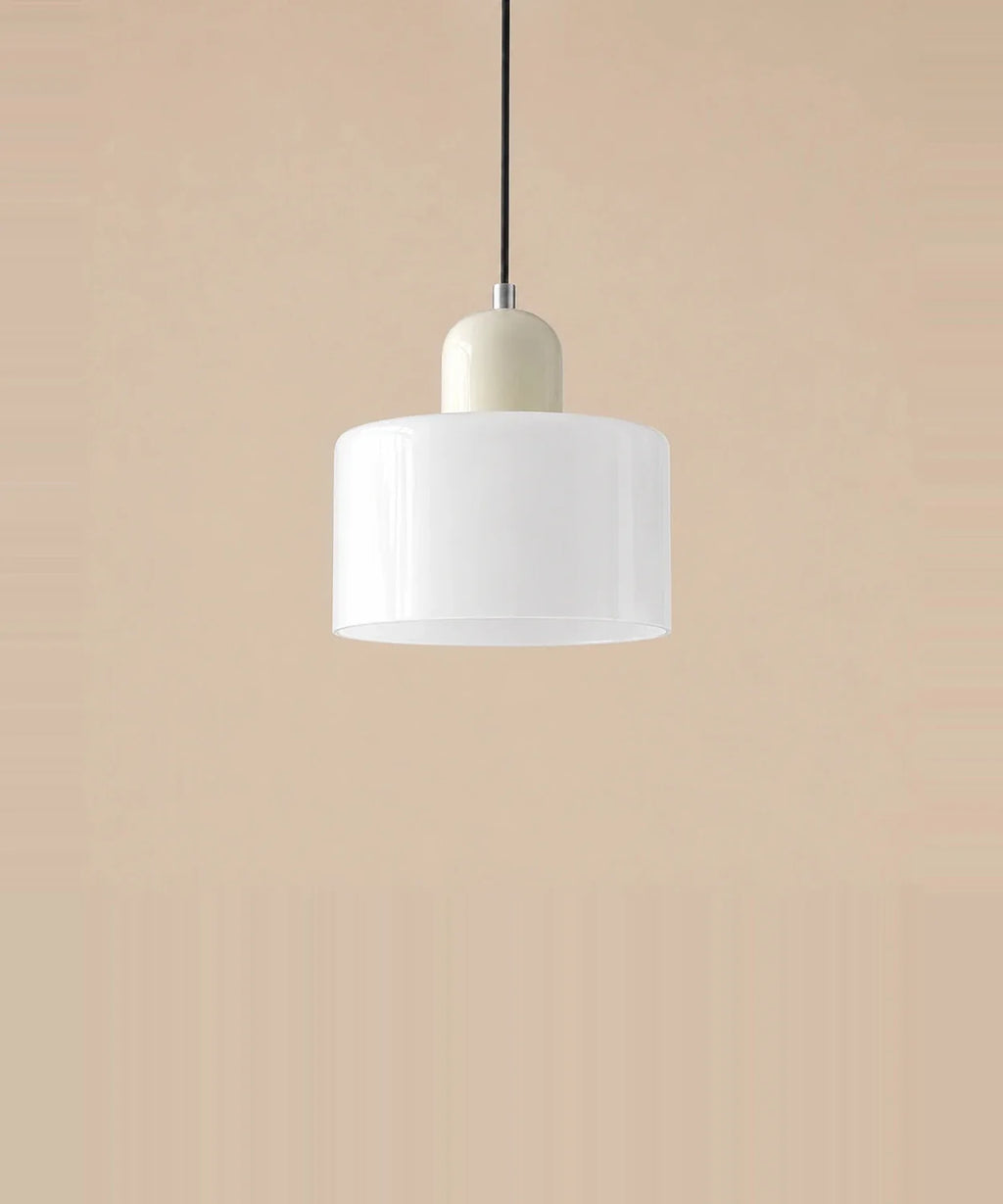 Suspension cylindre en verre blanc opalin et culot crème laqué