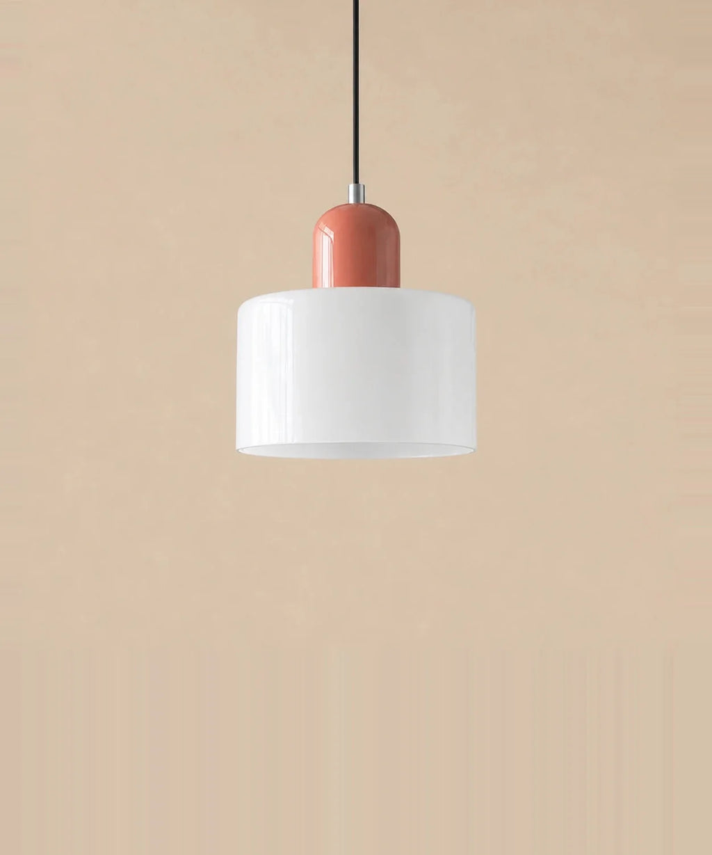 Suspension cylindre en verre blanc opalin et culot rose laqué