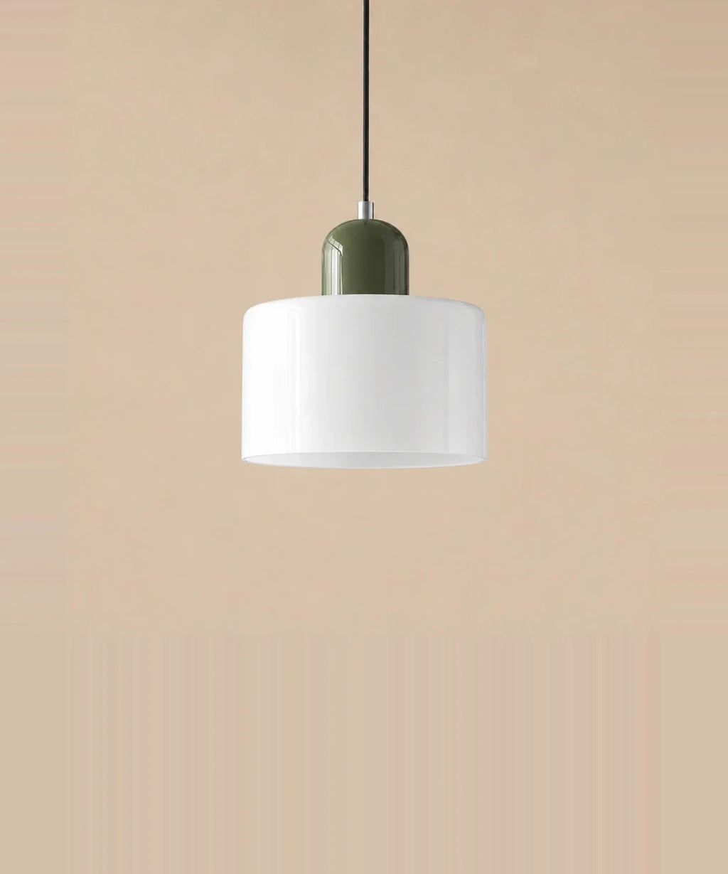 Suspension cylindre en verre blanc opalin et culot vert sauge laqué