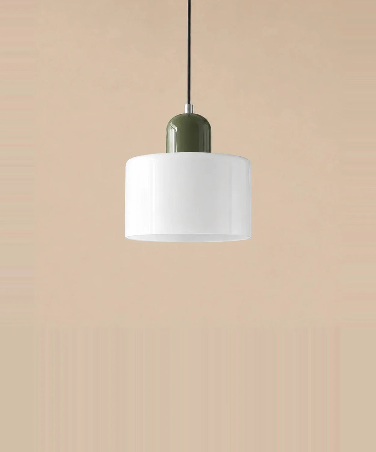 Suspension cylindre en verre blanc opalin et culot vert sauge laqué