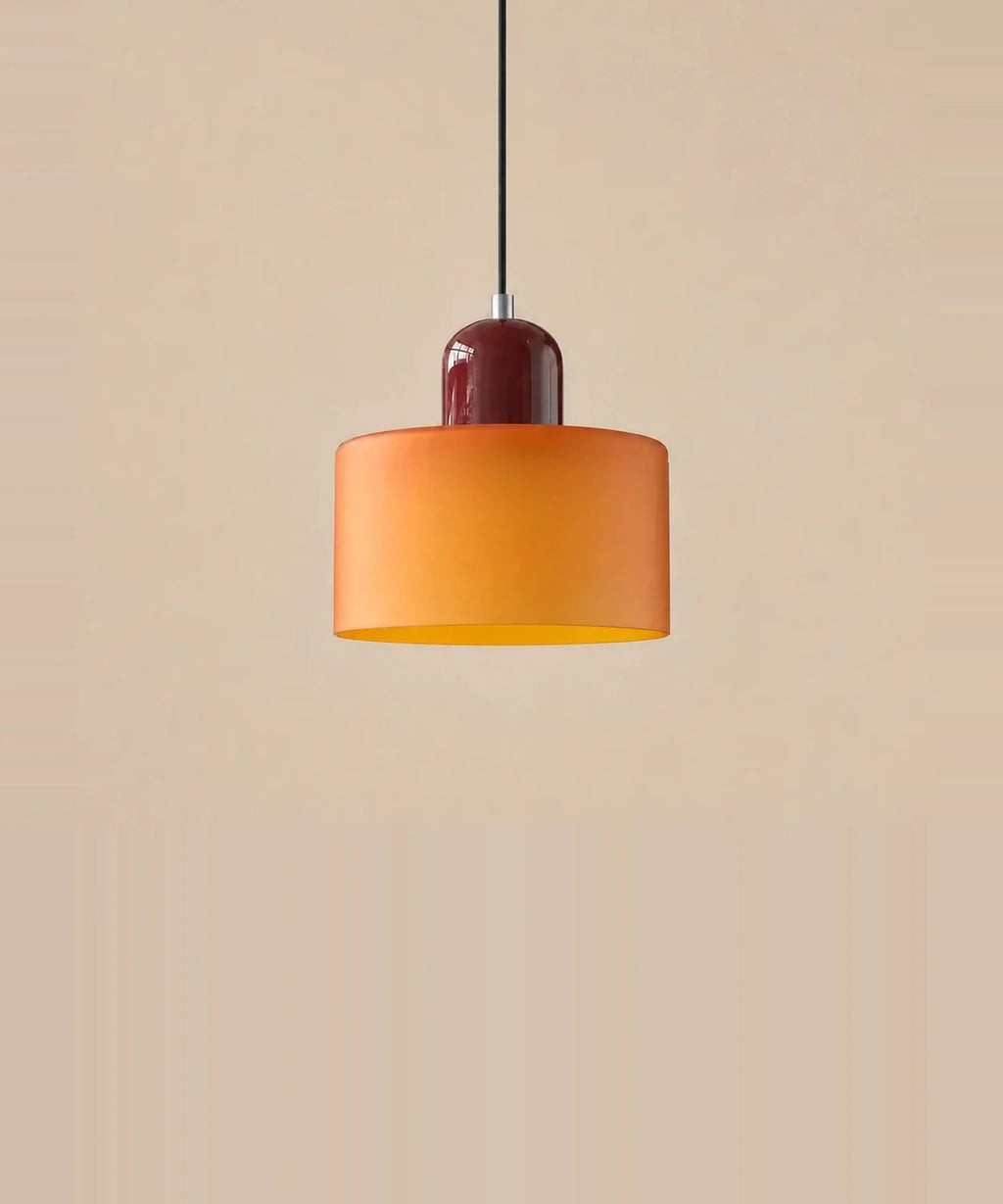 Suspension cylindre en verre orange et culot bordeaux laqué