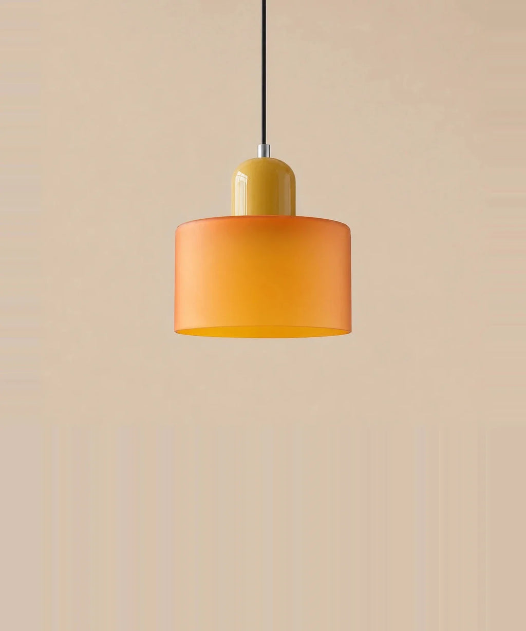 Suspension cylindre en verre orange et culot jaune moutarde laqué