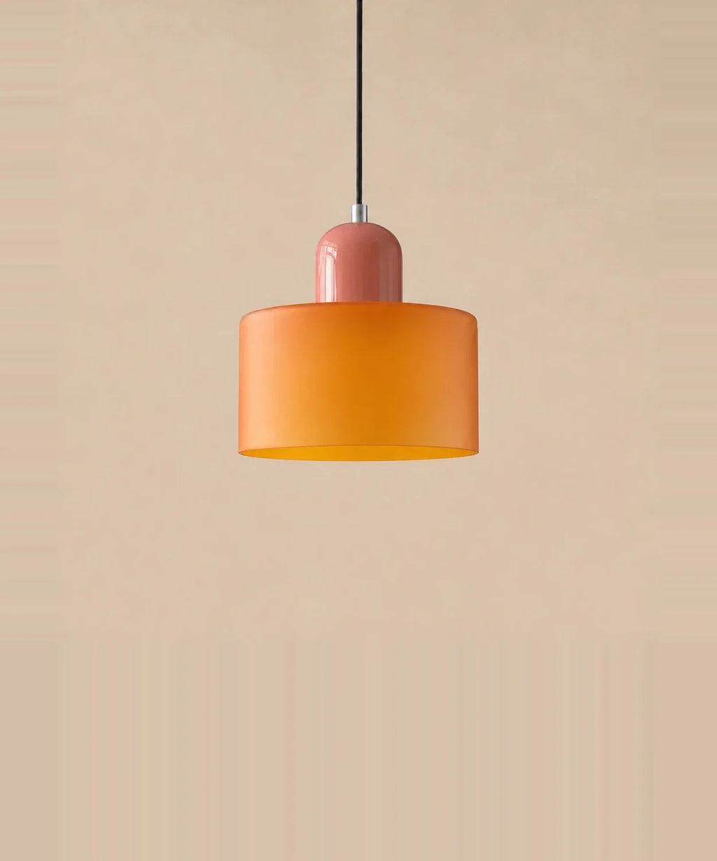 Suspension cylindre en verre orange et culot rose laqué