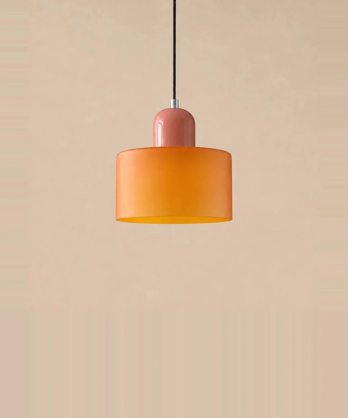 Suspension cylindre en verre orange et culot rose laqué