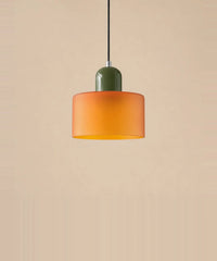 Suspension cylindre en verre orange et culot vert sauge laqué