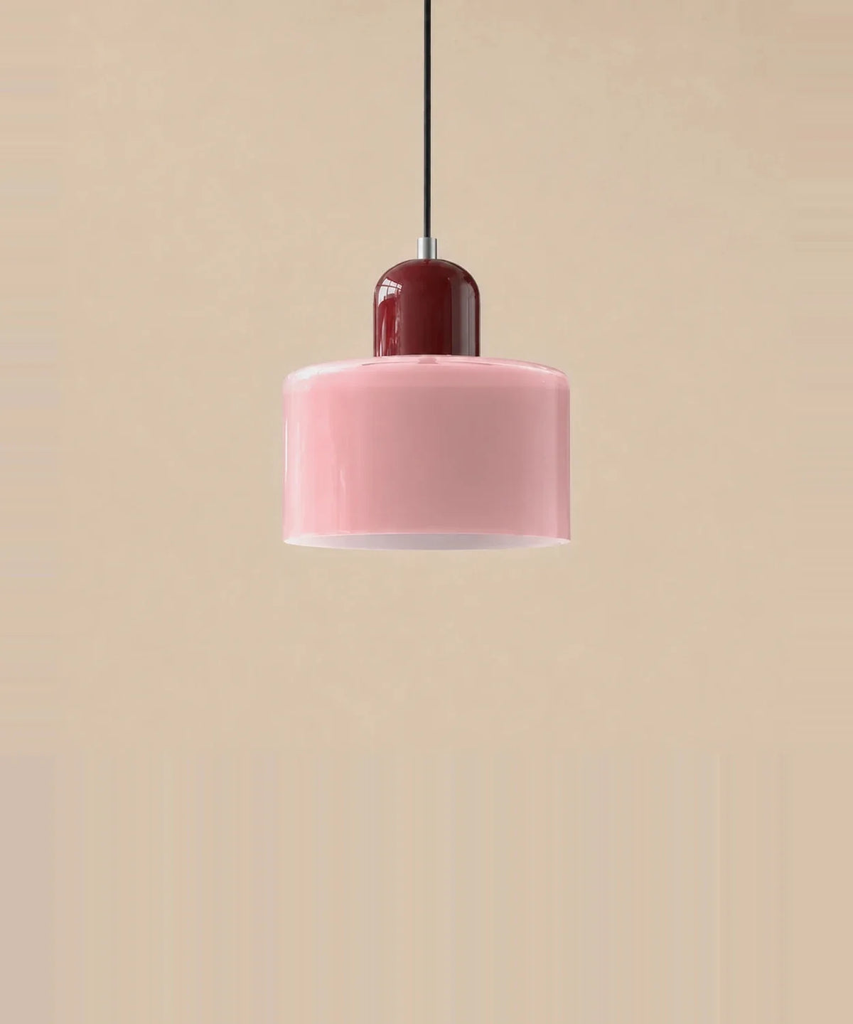 Suspension cylindre en verre rose et culot bordeaux laqué