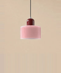 Suspension cylindre en verre rose et culot bordeaux laqué
