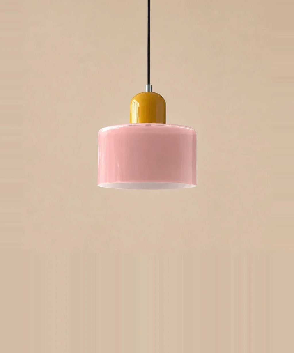 Suspension cylindre en verre rose et culot jaune moutarde laqué