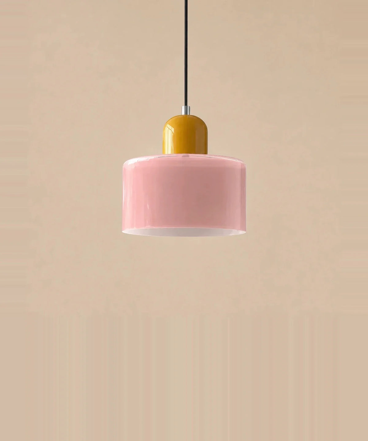 Suspension cylindre en verre rose et culot jaune moutarde laqué