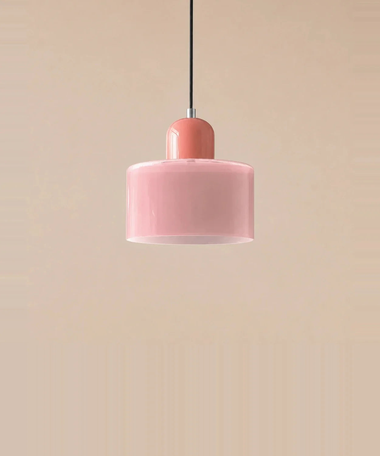 Suspension cylindre en verre rose et culot rose laqué
