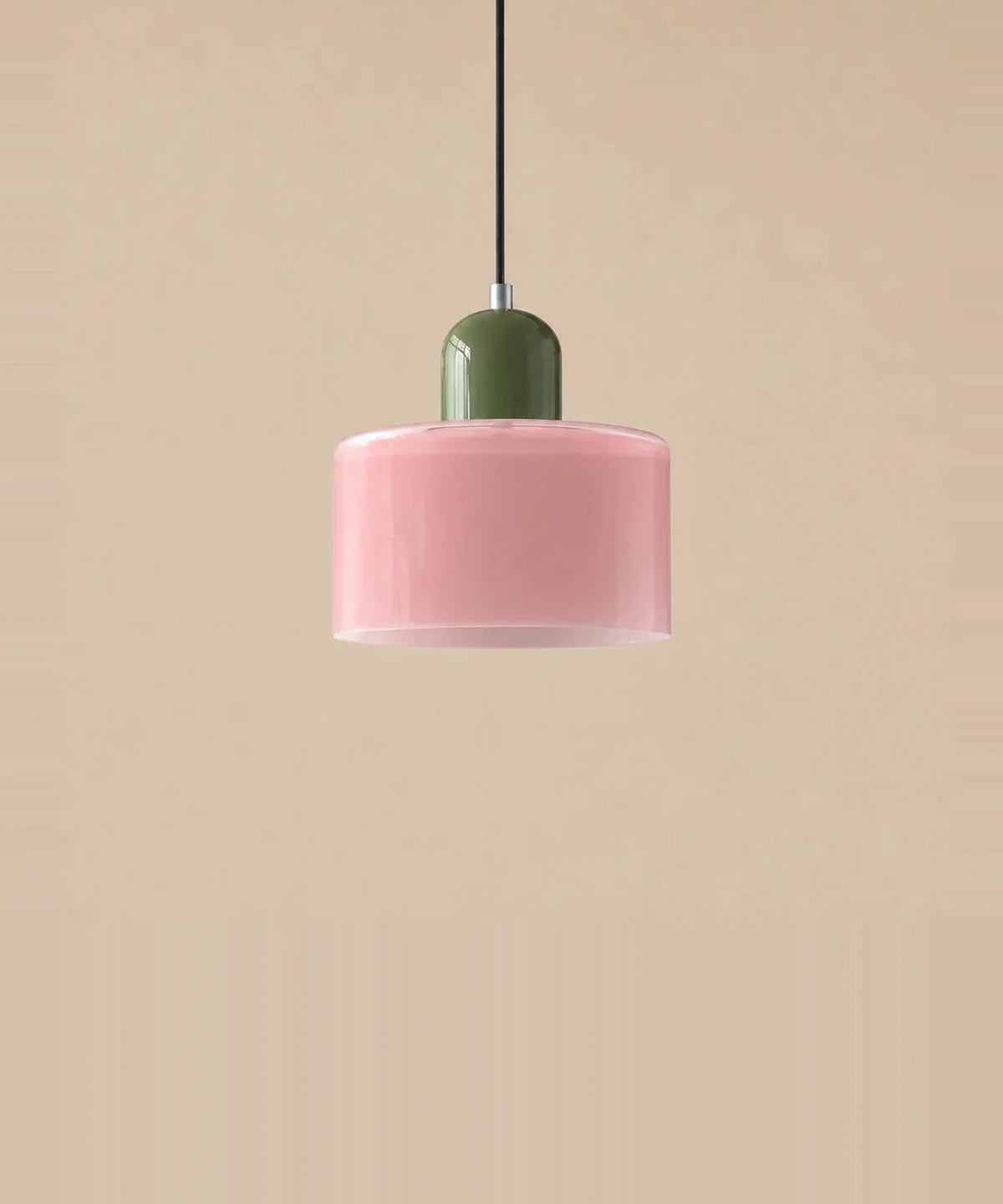 Suspension cylindre en verre rose et culot vert sauge laqué