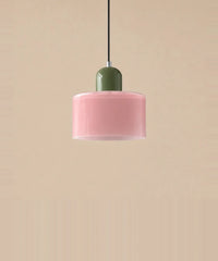 Suspension cylindre en verre rose et culot vert sauge laqué