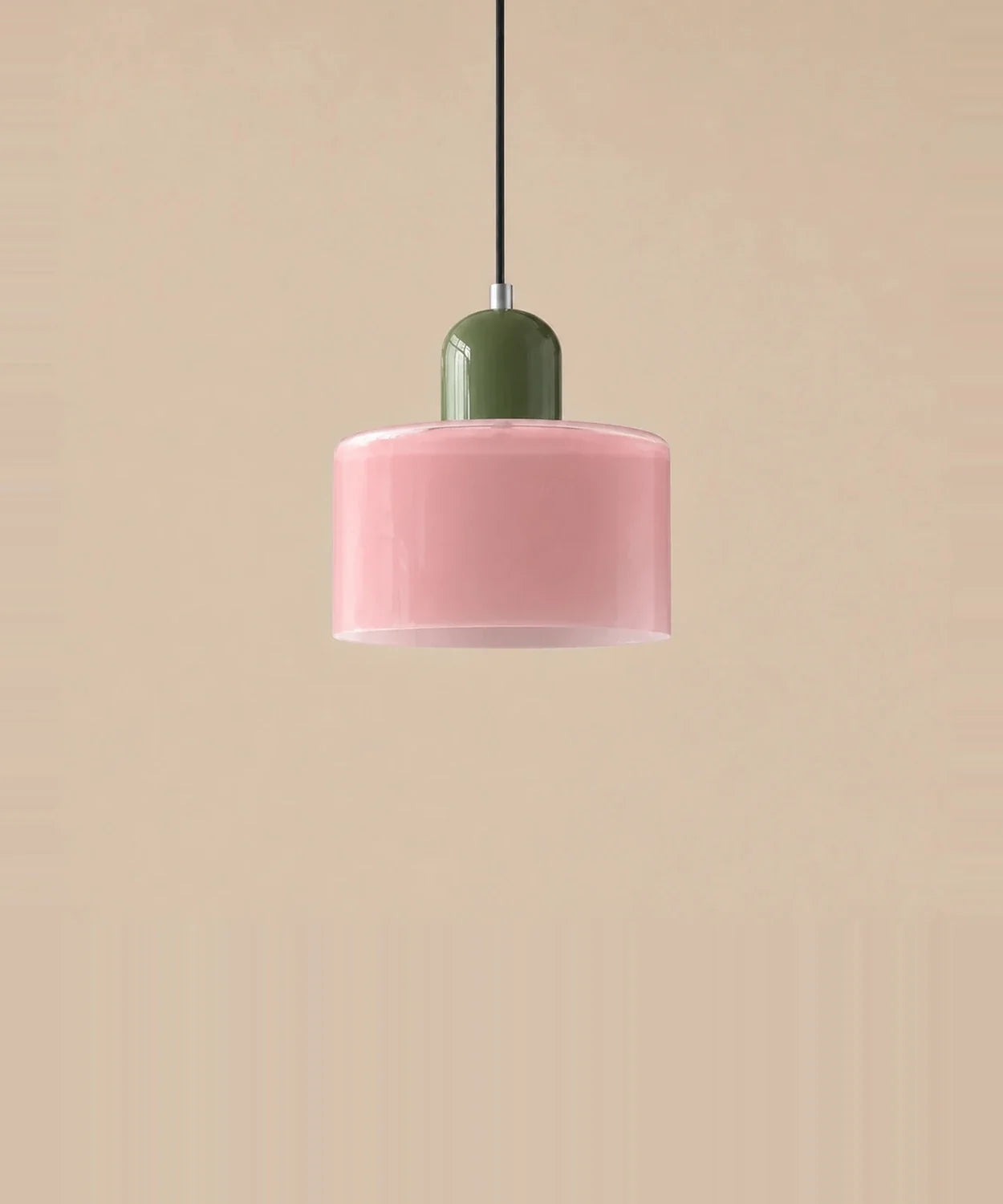 Suspension cylindre en verre rose et culot vert sauge laqué