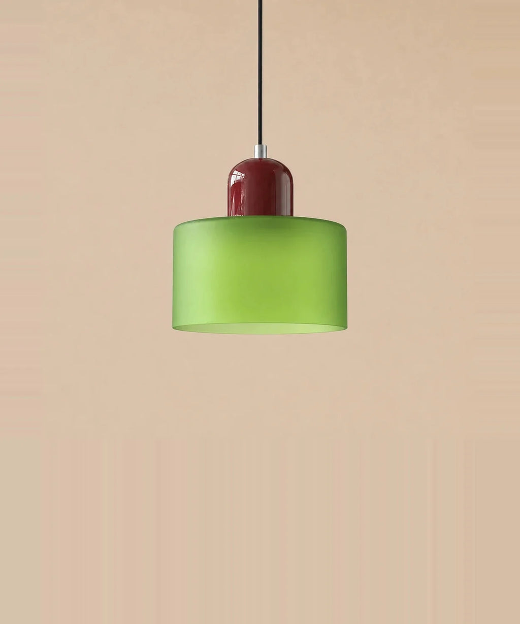 Suspension cylindre en verre vert dépoli et culot bordeaux laqué