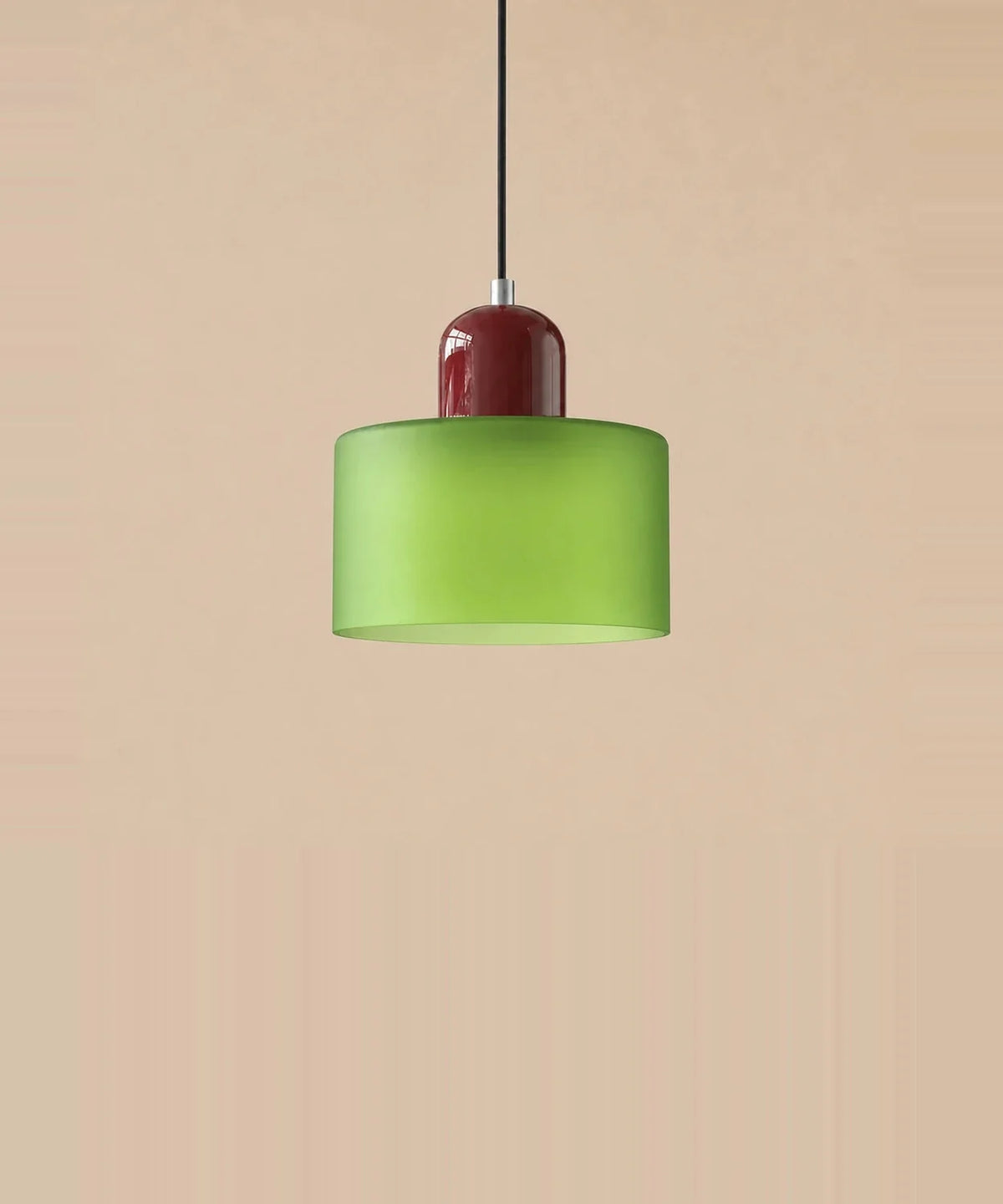 Suspension cylindre en verre vert dépoli et culot bordeaux laqué