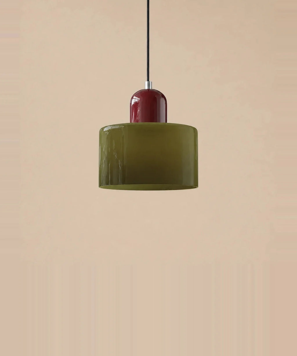 Suspension cylindre en verre vert olive et culot bordeaux laqué