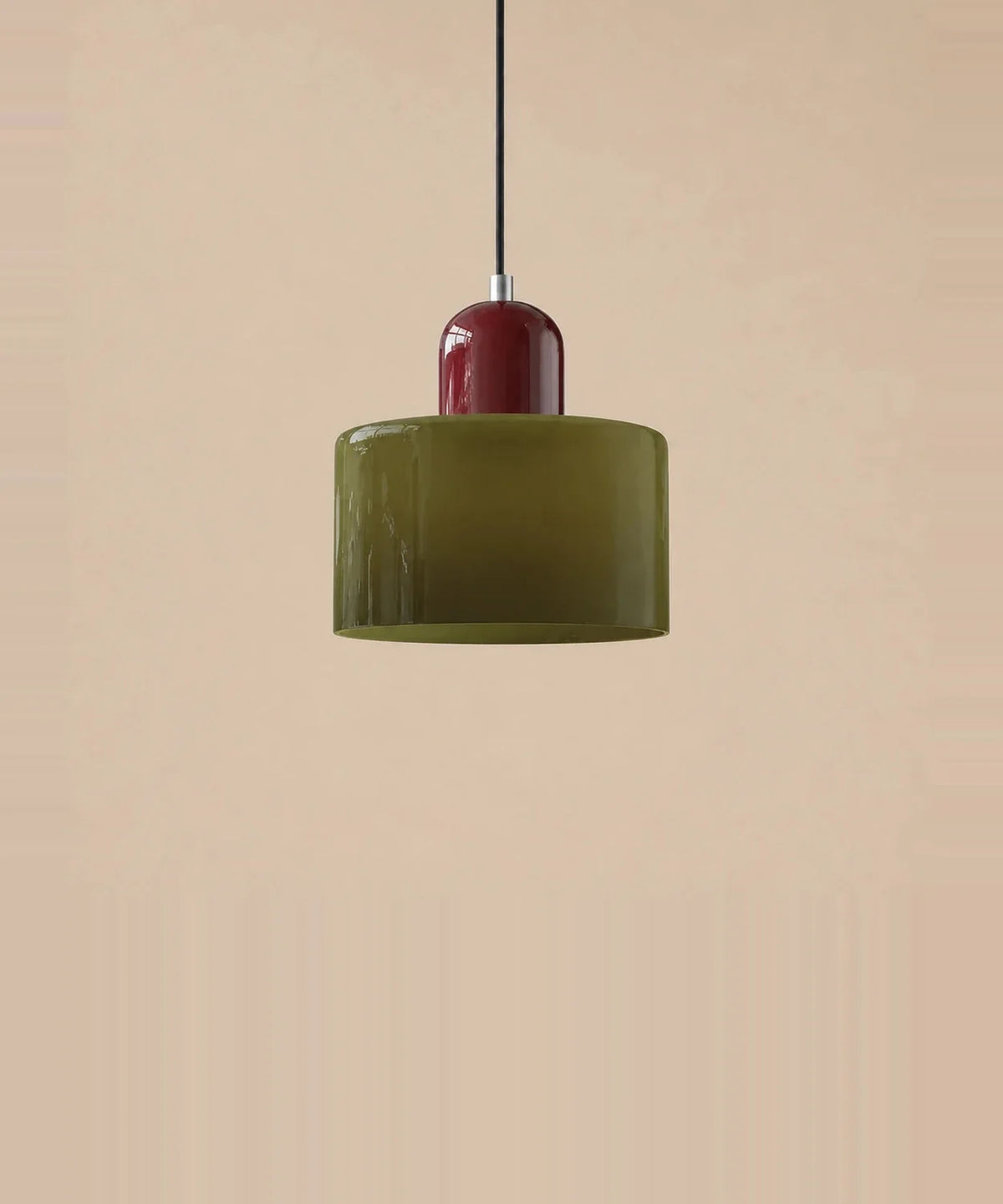 Suspension cylindre en verre vert olive et culot bordeaux laqué