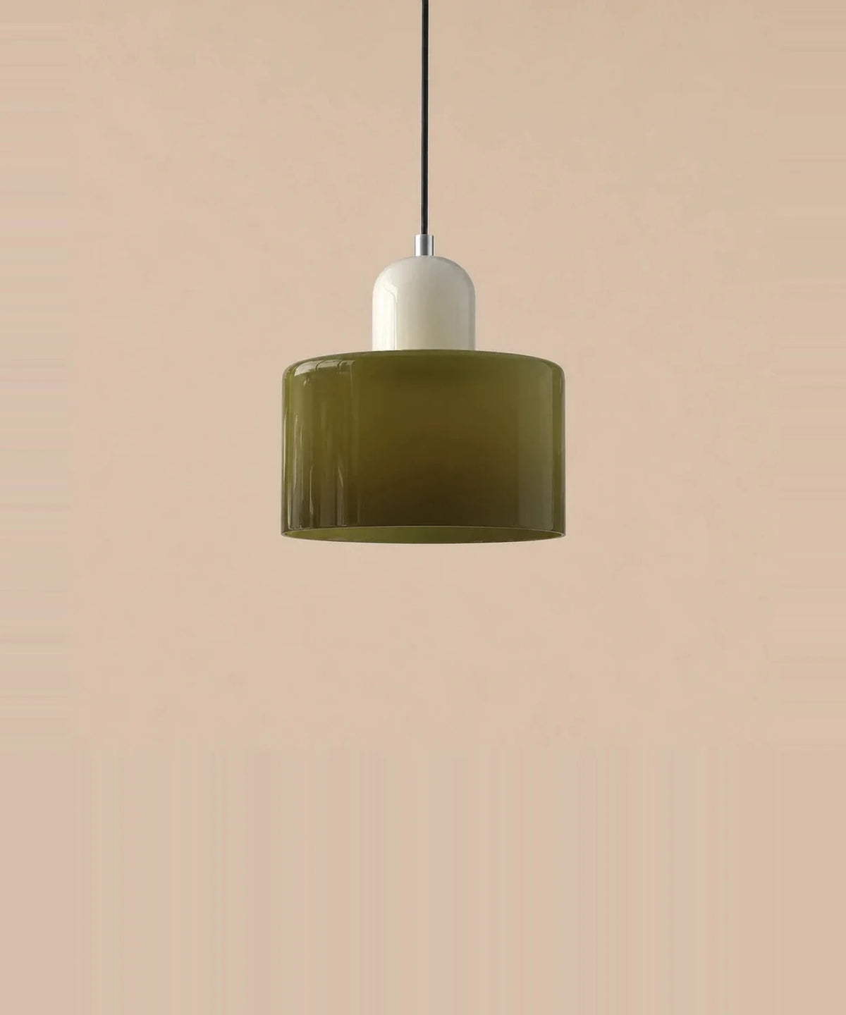 Suspension cylindre en verre vert olive et culot crème laqué