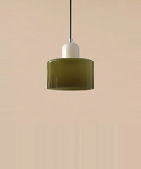 Suspension cylindre en verre vert olive et culot crème laqué