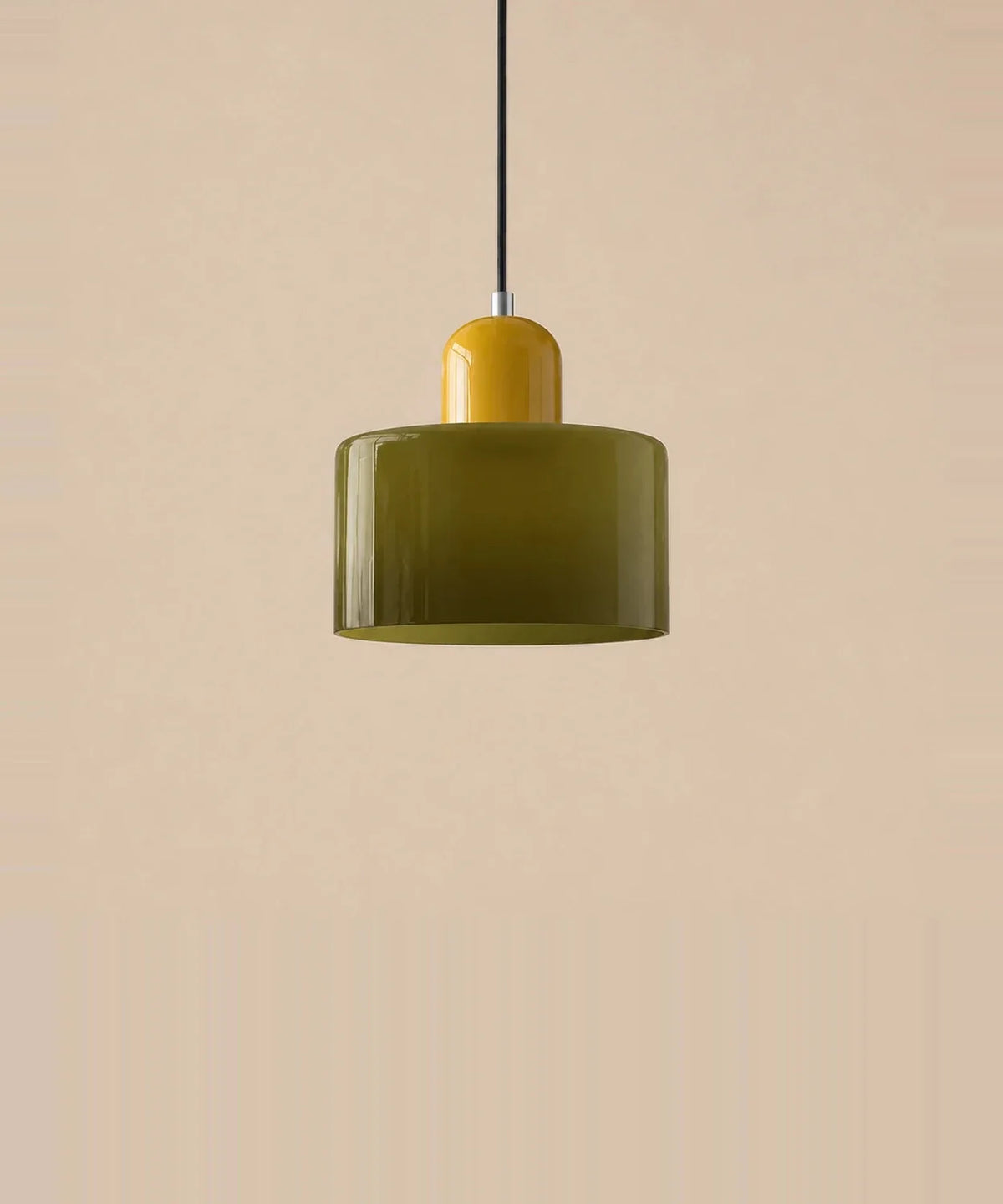 Suspension cylindre en verre vert olive et culot jaune moutarde laqué