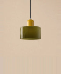 Suspension cylindre en verre vert olive et culot jaune moutarde laqué
