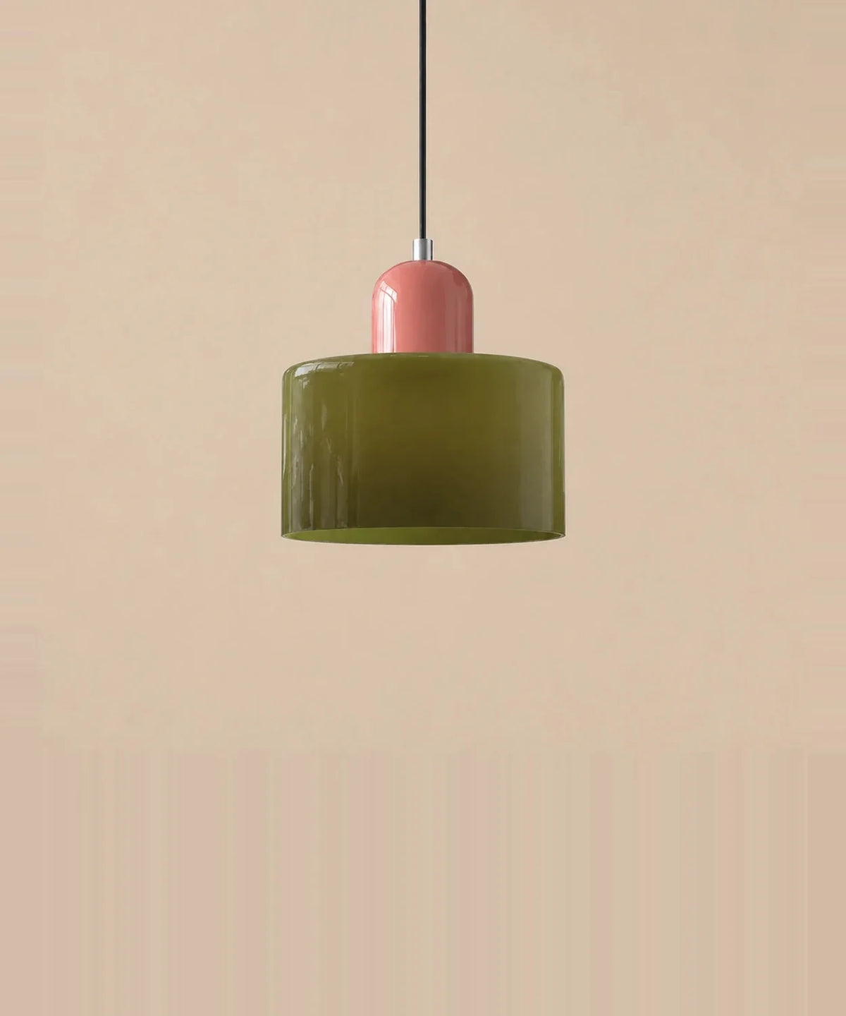 Suspension cylindre en verre vert olive et culot rose laqué