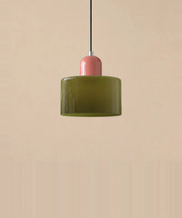 Suspension cylindre en verre vert olive et culot rose laqué