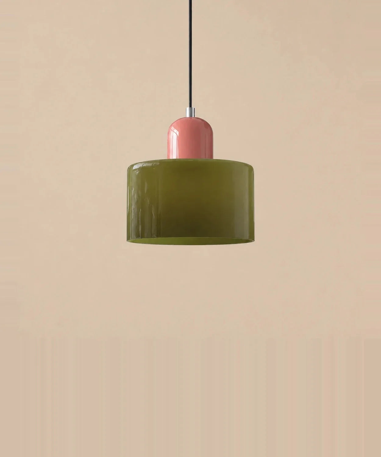 Suspension cylindre en verre vert olive et culot rose laqué