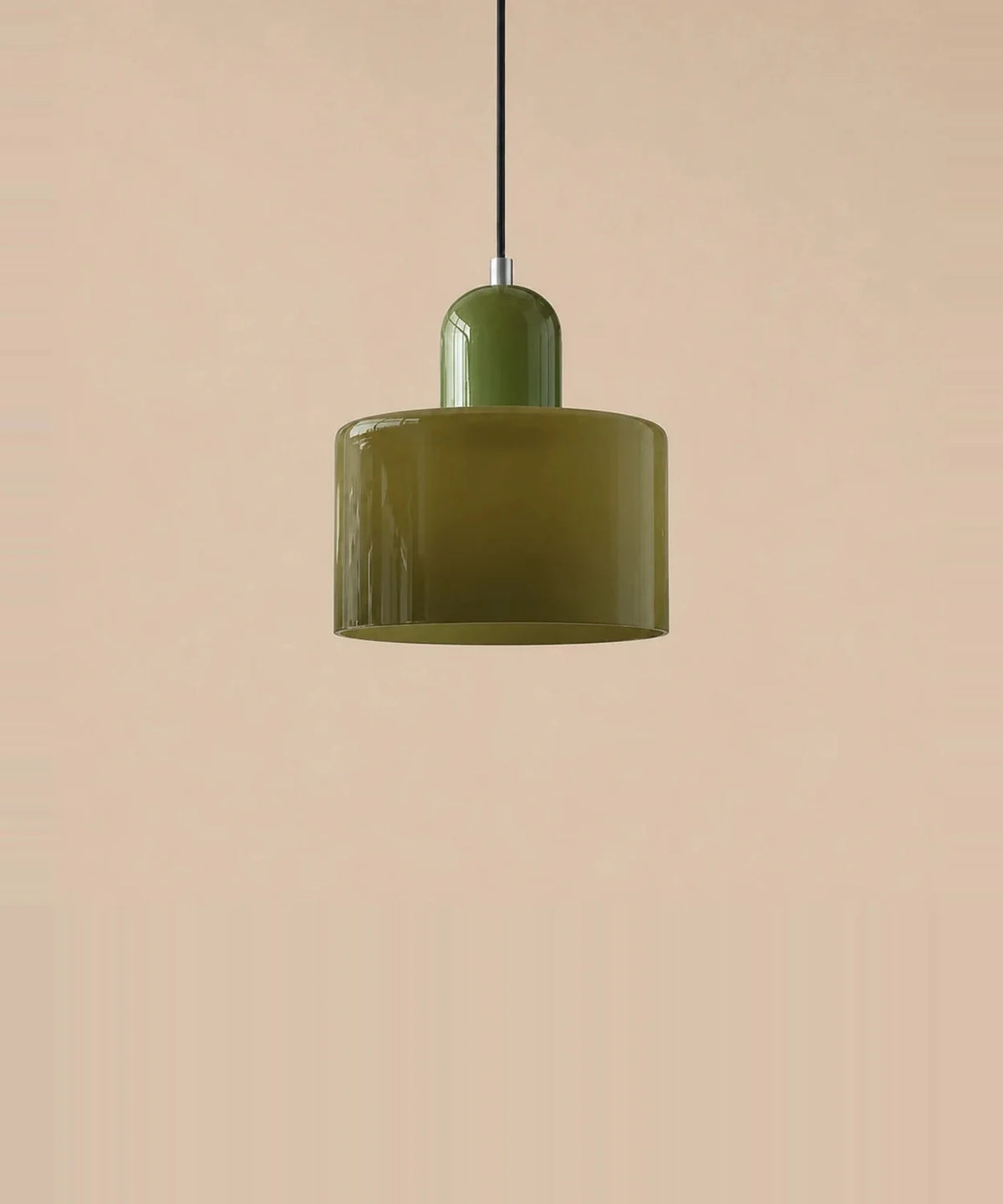 Suspension cylindre en verre vert olive et culot vert sauge laqué