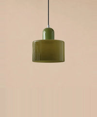 Suspension cylindre en verre vert olive et culot vert sauge laqué