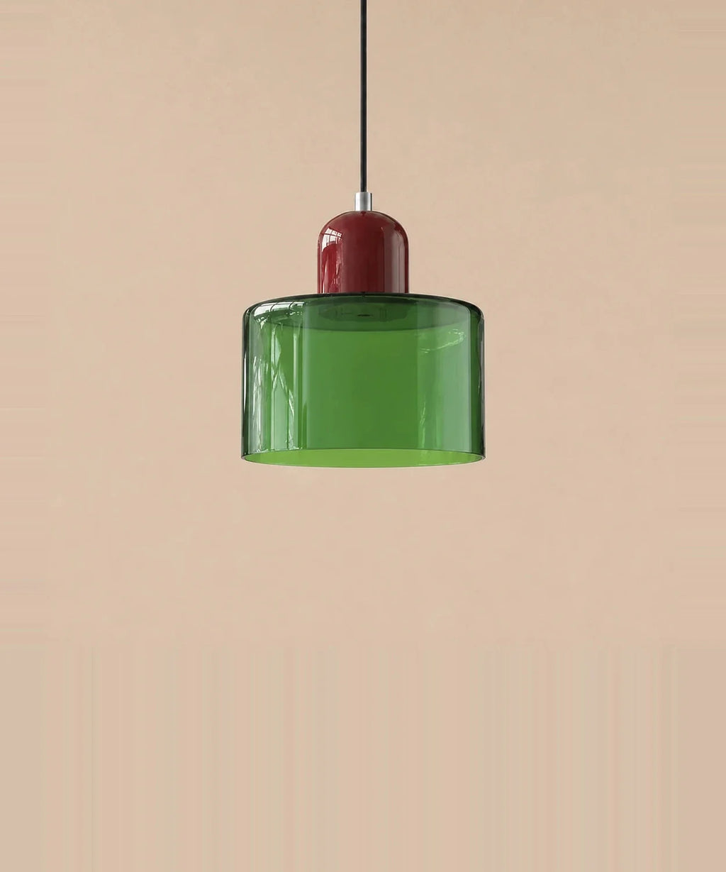 Suspension cylindre en verre vert transparent et culot bordeaux laqué