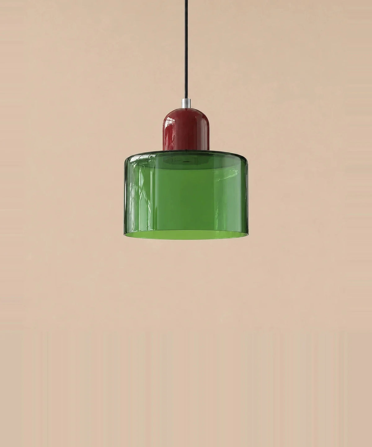 Suspension cylindre en verre vert transparent et culot bordeaux laqué