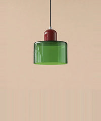 Suspension cylindre en verre vert transparent et culot bordeaux laqué