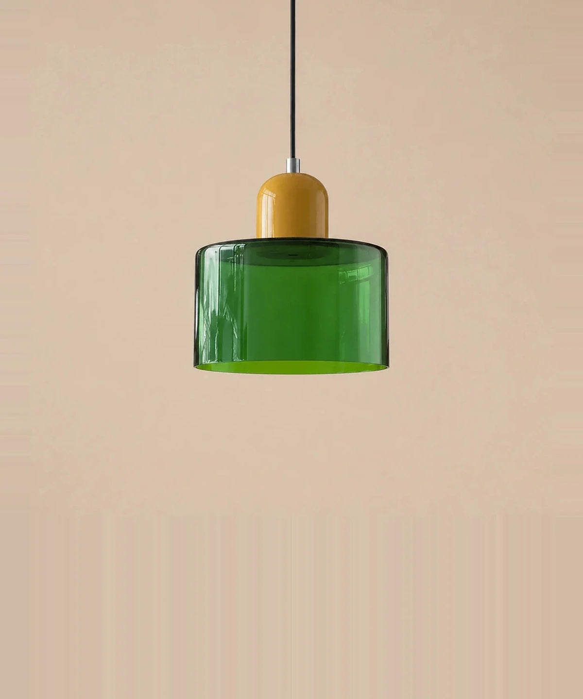 Suspension cylindre en verre vert transparent et culot jaune moutarde laqué