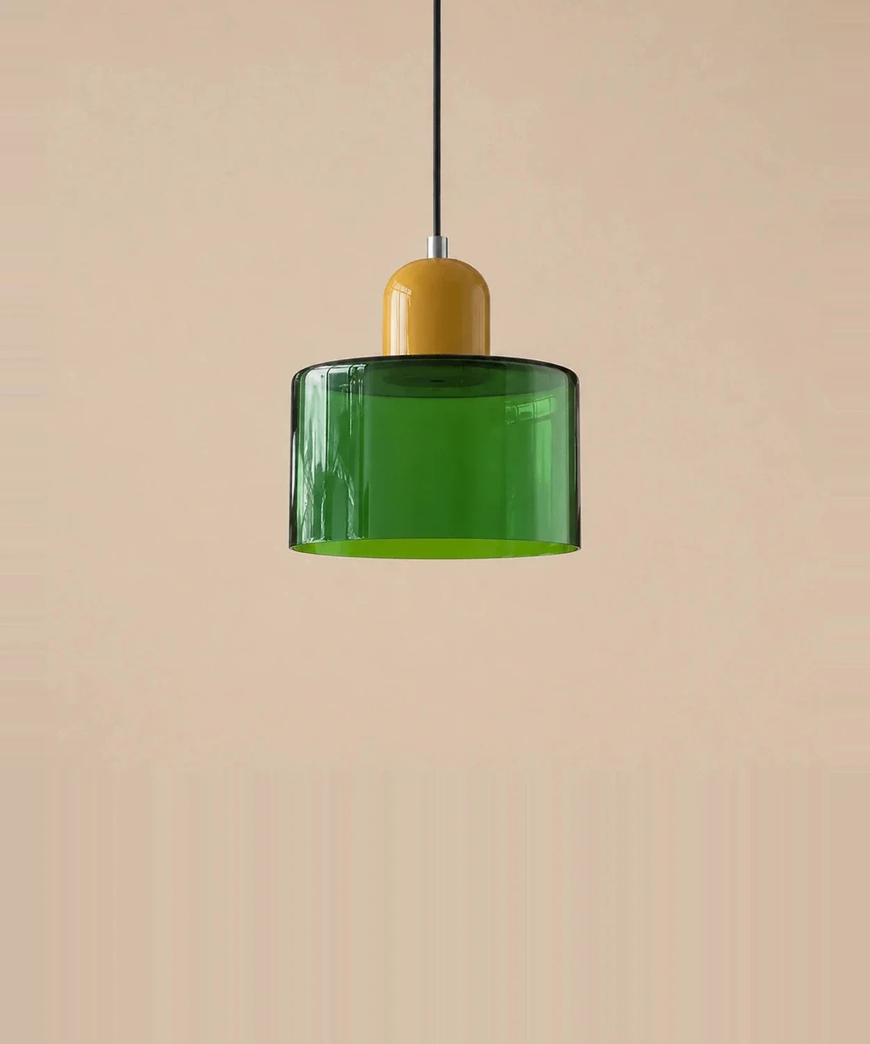 Suspension cylindre en verre vert transparent et culot jaune moutarde laqué