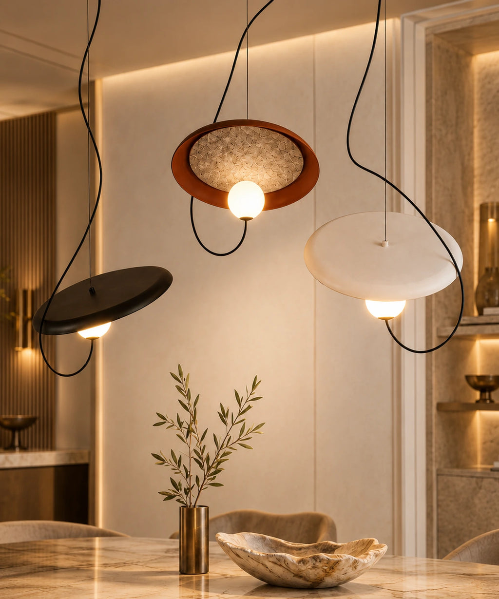 Suspension luminaire en feutre, trois disques terracotta, noir et blanc allumés au-dessus d’une table en marbre