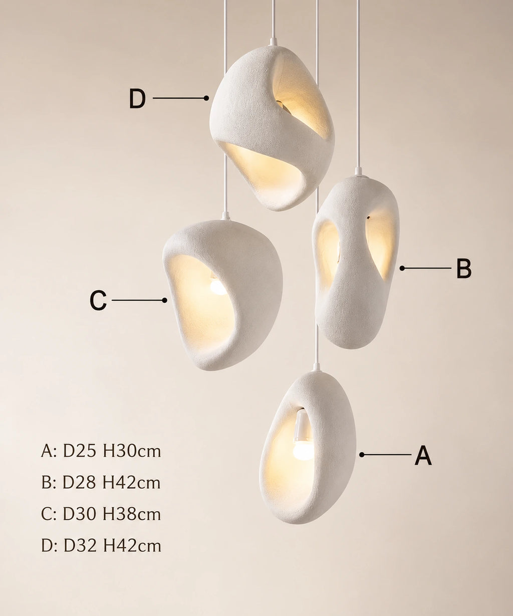 Suspension luminaire galet, dimensions des quatre galets A, B, C et D