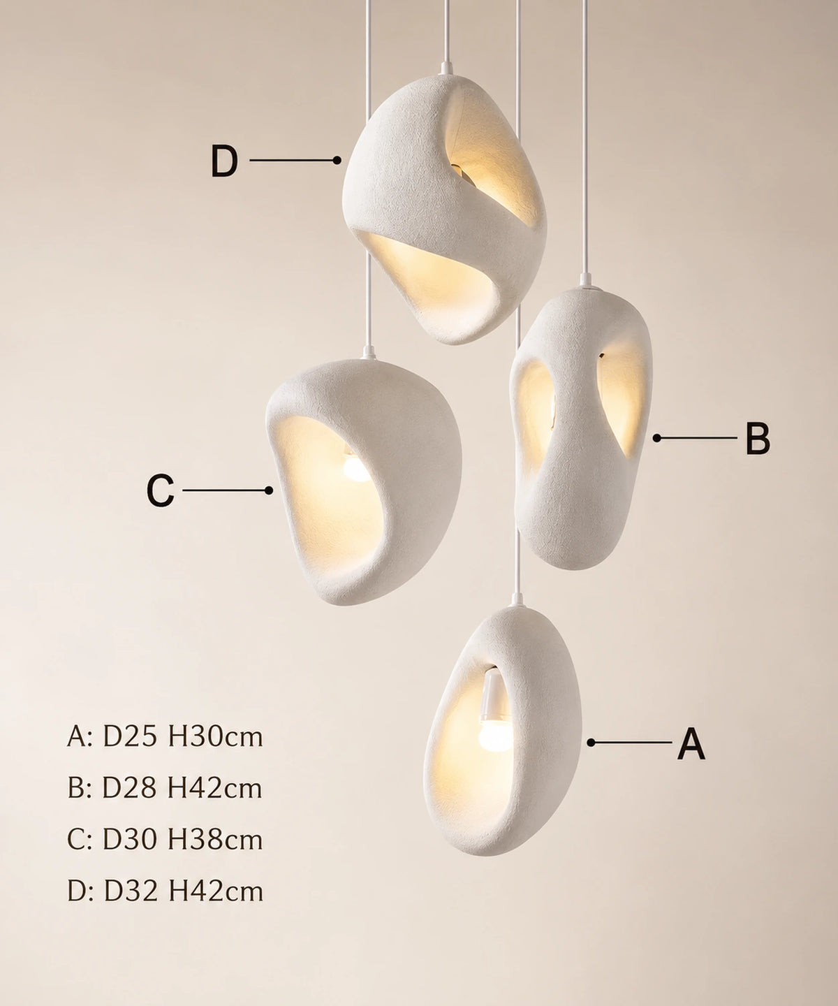 Suspension luminaire galet, dimensions des quatre galets A, B, C et D